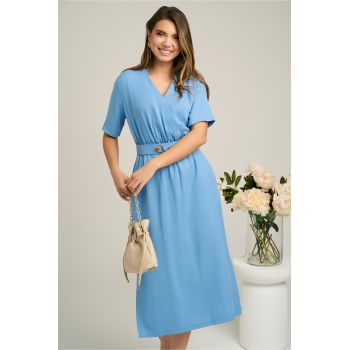 Rochie de zi bleu cu buzunare si curea detasabila in talie