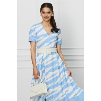 Rochie Oana bleu cu imprimeu alb si curea in talie