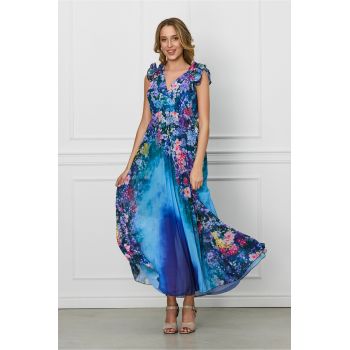 Rochie Ramona lunga bleumarin cu imprimeuri florale