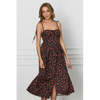 Rochie Jessie neagra cu floricele rosii
