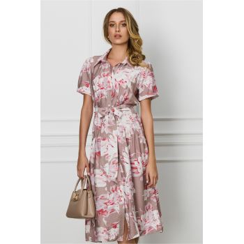 Rochie LaDonna maro cu imprimeuri florale roz si cordon in talie