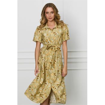 Rochie LaDonna verde fistic cu imprimeuri florale galbene si cordon in talie ieftina la reducere