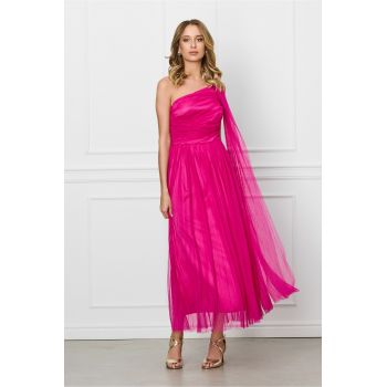 Rochie Moze fucsia din tull cu un umar gol