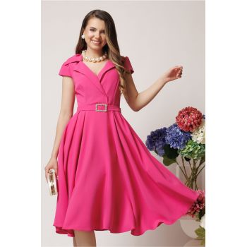 Rochie office din stofa fucsia cu catarama stralucitoare in talie