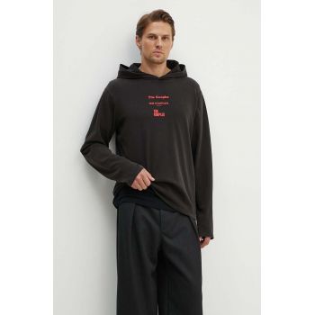 The Kooples hanorac de bumbac barbati, culoarea negru, cu glugă, cu imprimeu, HTSL29000K