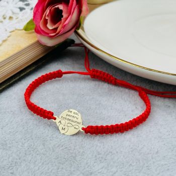 Bratara cu snur si disc 1.3cm din aur 14k cu inimioare - personalizabil la alegere