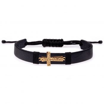 Bratara piele si cruciulita gravata Tatal nostru din aur 14k