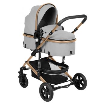 Carucior transformabil KikkaBoo 3in1 pana la 22kg,cadru din aluminiu,suspensii pe roti si cadru,spatar reglabil,sezut reversibil,Scaun auto I-Size,geanta,suport pahar si accesorii incluse Amaia Light Grey