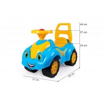 Masinuta copii Ride On fara pedale Happy Car Albastru, potrivita pentru copii intre 1-3 ani, spatiu de depozitare sub scaun, volan cu claxon