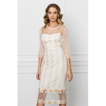 Rochie Dana alba din dantela cu broderie bej