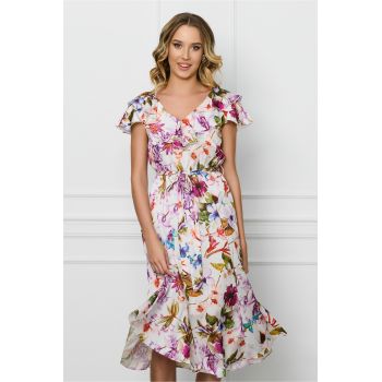 Rochie DY Fashion alba din voal cu imprimeu mov si cordon in talie