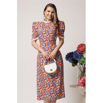 Rochie DY Fashion cu imprimeuri florale colorate si volanase la maneci si decolteu