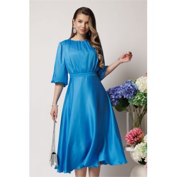 Rochie DY Fashion eleganta din satin bleu cu bust incretit