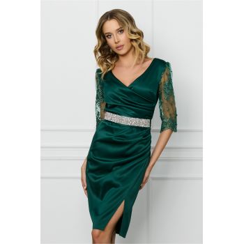 Rochie Ella Collection Atena verde cu maneci din dantela si cordon in talie