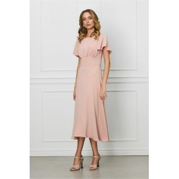 Rochie Moze roz pudra cu trandafir pe umar ieftina la reducere