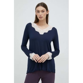 United Colors of Benetton longsleeve de pijama culoarea albastru marin
