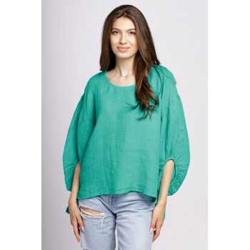 Bluza din in turcoaz, masura mare, cu maneci ample bufante