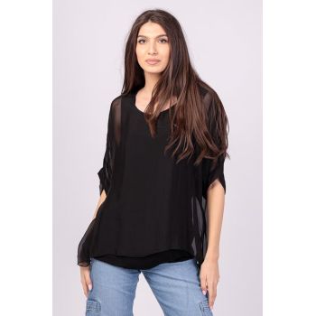 Bluza din matase naturala neagra, cu funda pe spate