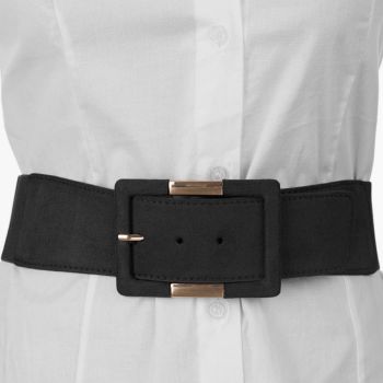 Curea elastica cu piele ecologica neagra si catarama dreptunghiulara cu decoratiune aurie