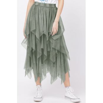 Fusta din tulle, in straturi inegale, lunga, kaki