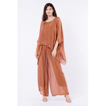 Pantaloni camel, drepti, cu dublura, din matase naturala
