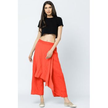 Pantaloni de vara din in, cu aplicatii pe fata si spate, corai