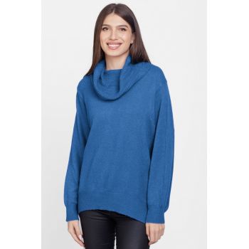 Pulover cu guler inalt elegant, din vascoza si lana, albastru ieftin