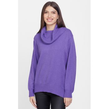 Pulover cu guler inalt elegant, din vascoza si lana, mov