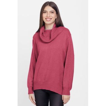 Pulover cu guler inalt elegant, din vascoza si lana, roz inchis ieftin