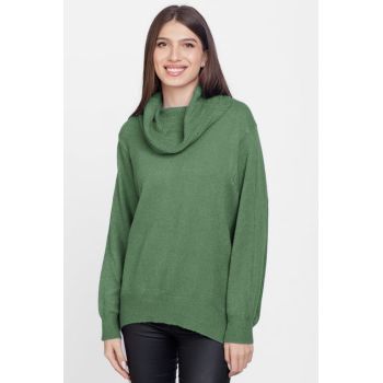Pulover cu guler inalt elegant, din vascoza si lana, verde ieftin