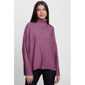 Pulover drept, cu guler inalt, din vascoza si lana, mov Pulover drept, cu guler inalt, din vascoza si lana, mov