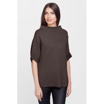 Pulover elegant cu maneca scurta si nasture, din vascoza, maro ieftin