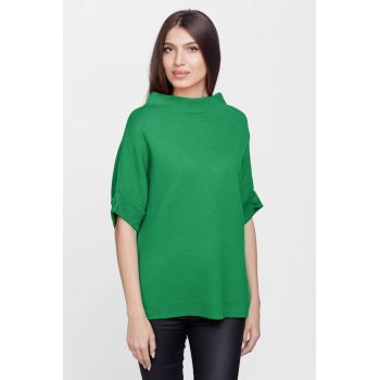 Pulover elegant cu maneca scurta si nasture, din vascoza, verde ieftin