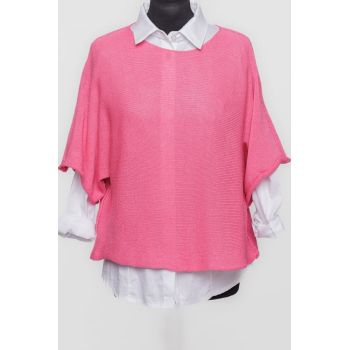 Pulover subtire si versatil cu maneca cazuta din bumbac, fucsia