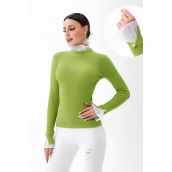 Pulover verde oliv cu volanas plisat la maneca si la gat