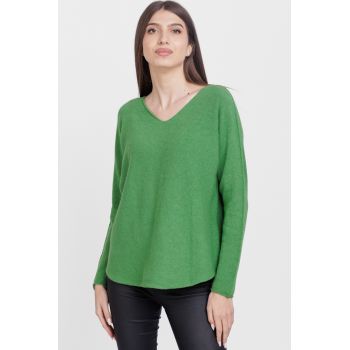 Pulover versatil cu decolteu V, din vascoza, verde