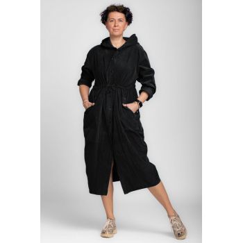 Rochie camasa din catifea reiata cu gluga si siret in talie, neagra