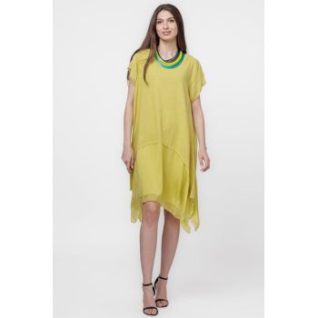 Rochie din in cu volan din matase naturala si colturi, galbena