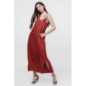 Rochie lunga A-line din in, fara maneci, rosiatic inchis