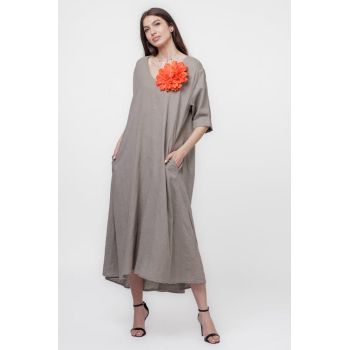 Rochie lunga A-line oversize, din in, bej inchis