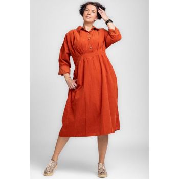 Rochie masura mare din catifea reiata taiata in talie, caramizie ieftina