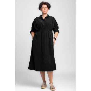 Rochie masura mare din catifea reiata taiata in talie, neagra ieftina la reducere