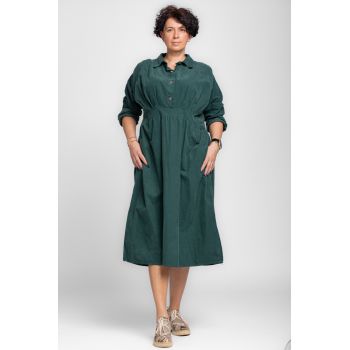 Rochie masura mare din catifea reiata taiata in talie, verde inchis