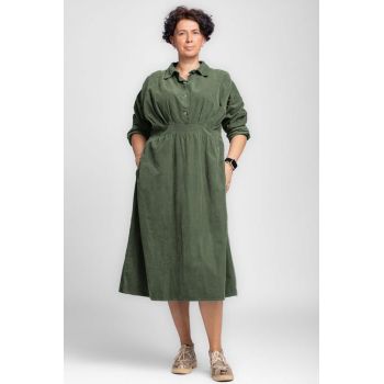 Rochie masura mare din catifea reiata taiata in talie, verde kaki ieftina la reducere
