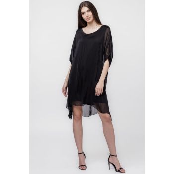 Rochie midi, dreapta, din matase naturala, cu funda pe spate, neagra