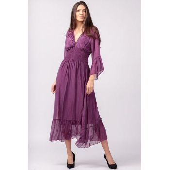 Rochie mov din matase naturala cu banda elastica in talie si volane