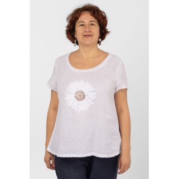 Bluza din in alba, cu floare si paiete pe piept