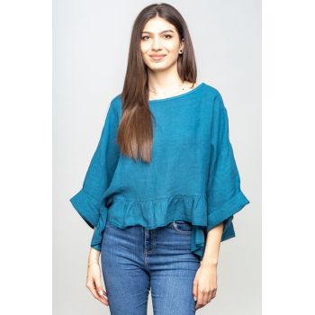 Bluza din in cu volanas, oversize, turcoaz