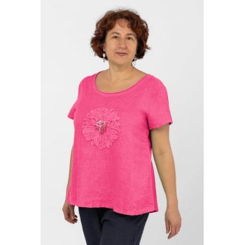 Bluza din in fucsia, cu floare si paiete pe piept