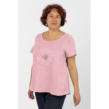 Bluza din in roz, cu floare si paiete fine pe piept
